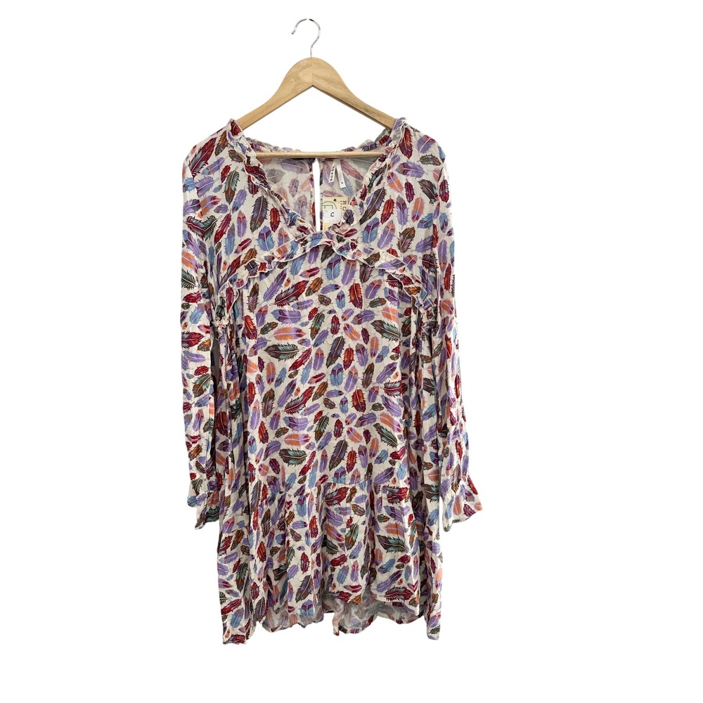Roper Long Sleeve Multi Color Feather Print Rayon Dress Medium NWT Western Mini